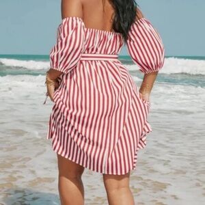 IRIS Red & White Stripe Off Shoulder Elastic Pleated Bust Mini Beach Sun Dress